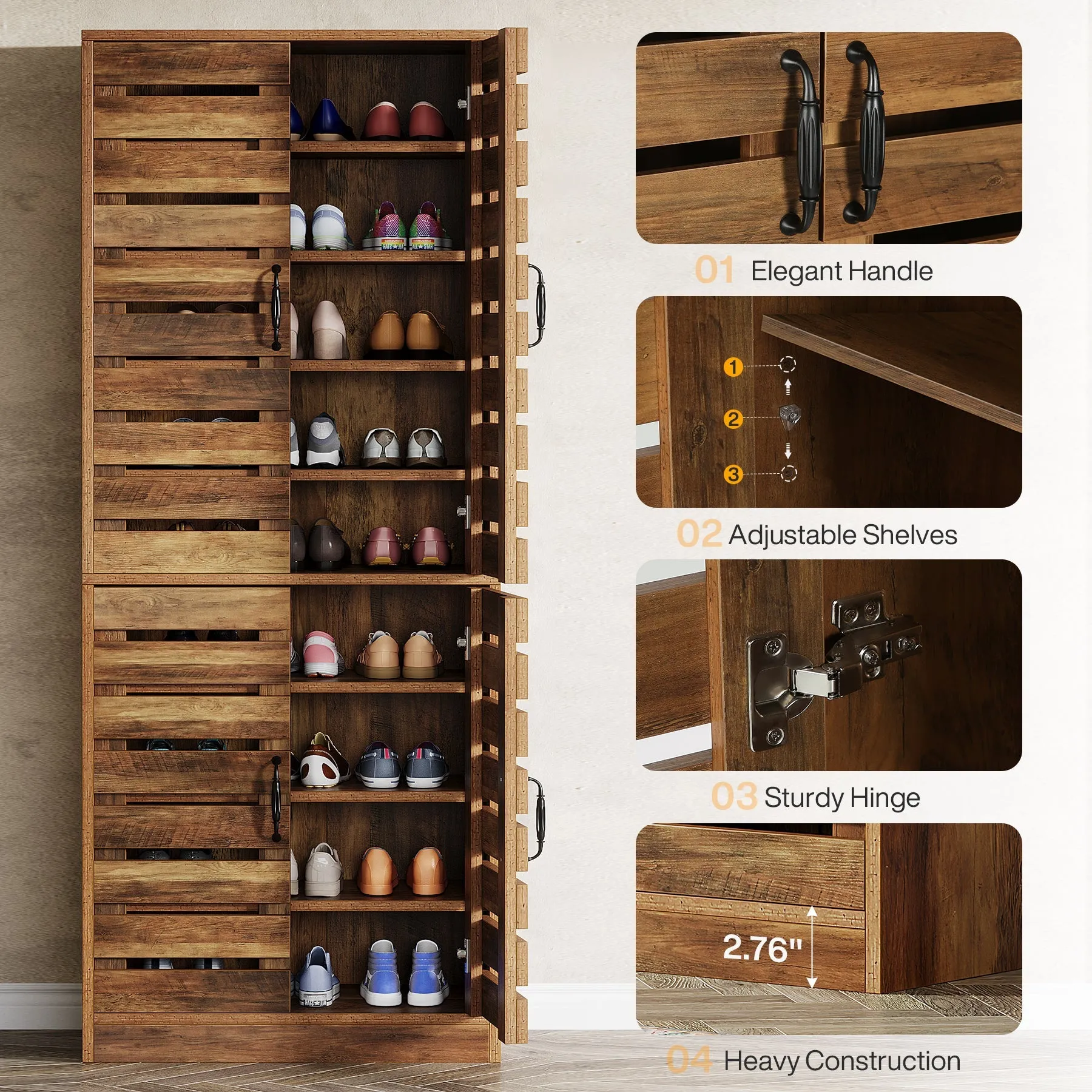 70.8" Shoe Cabinet, 9-Tier Vertical Shoe Rack with Shutter Doors