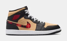 Air Jordan 1 Retro Mid Tartan Swoosh Mens Lifestyle Shoes (Black/Beige)