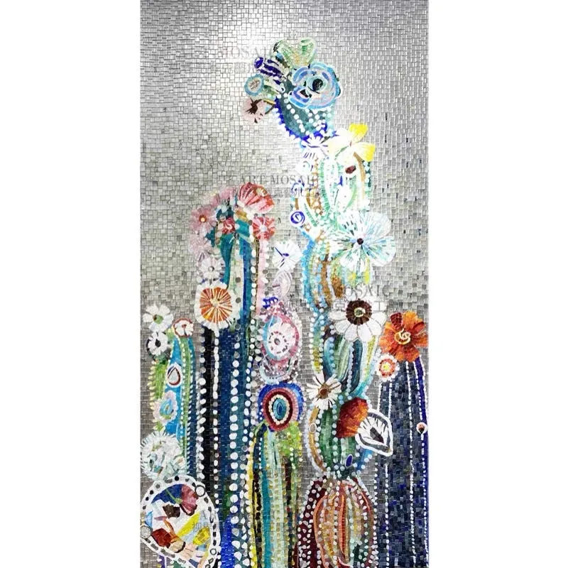 Custom Glass Mosaic Mural Abstract Cactus and Flowers