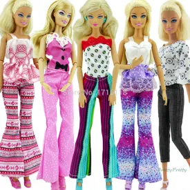 Free Shipping 5 Sets Randomly Pick Fashion Lady Outfit Fashion Wear Blouse Trousers Shorts Pants Skirt Clothes For Barbie Doll