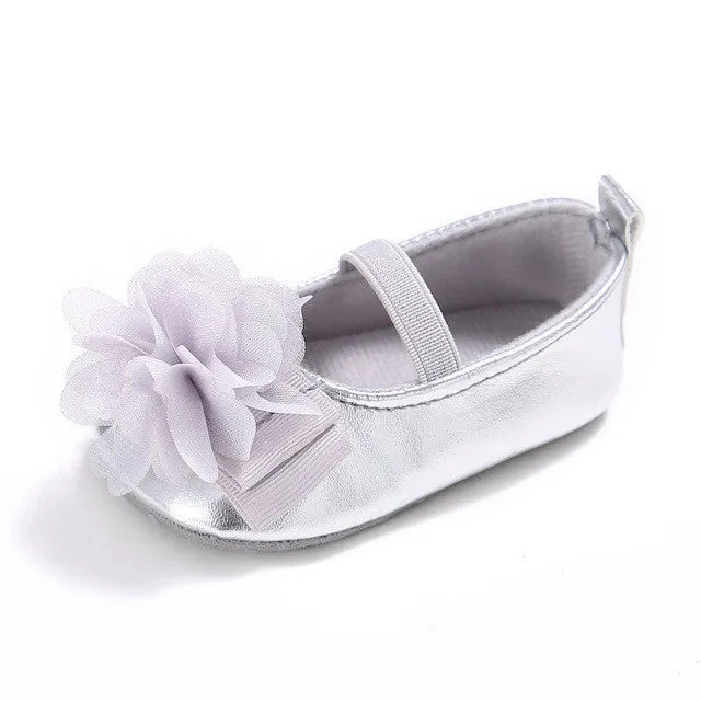 New PU Leather Golden Silver Pink Newborn Baby Kid Prewalkers Shoes Princess Girl Mary Jane Big Flower Soft Soled Anti-slip Shoe