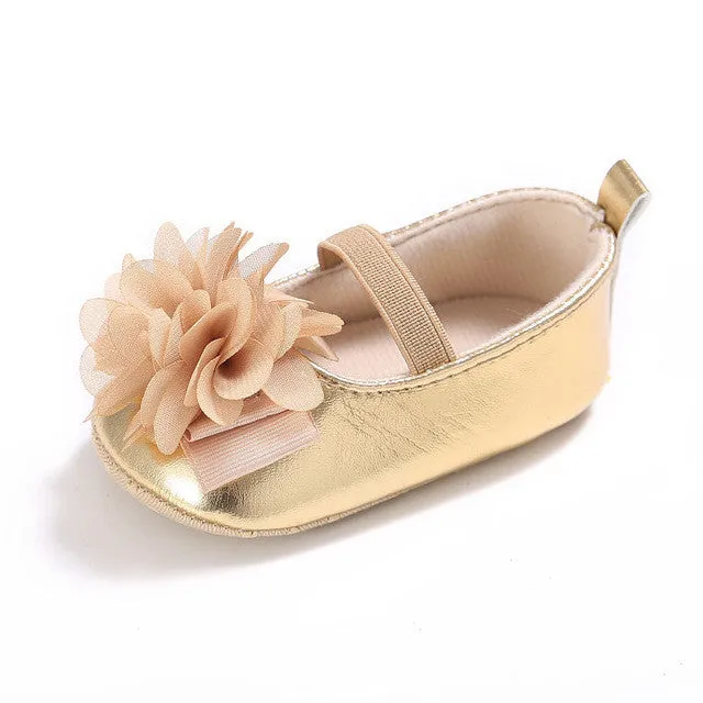 New PU Leather Golden Silver Pink Newborn Baby Kid Prewalkers Shoes Princess Girl Mary Jane Big Flower Soft Soled Anti-slip Shoe