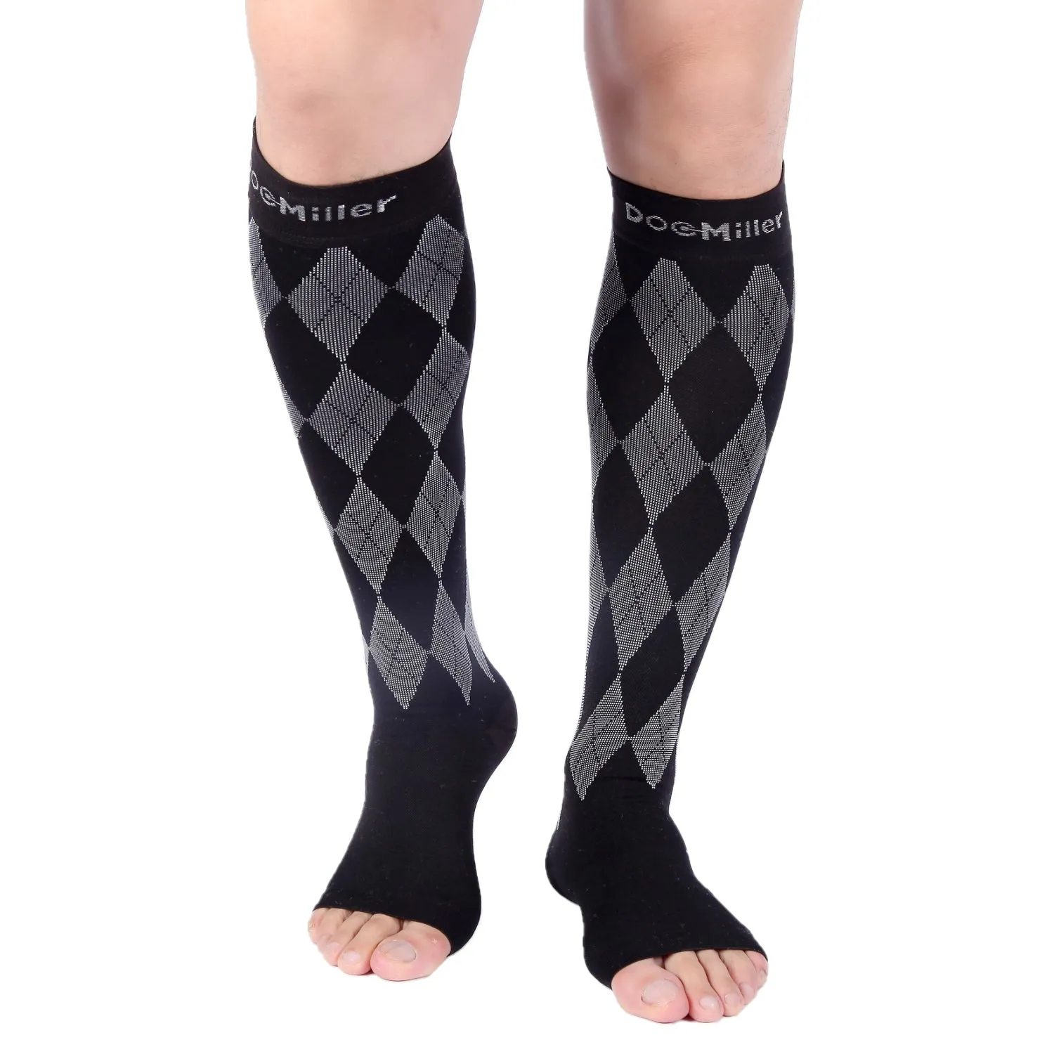 Open Toe Compression Socks 20-30 mmHg Argyle BLACK/GRAY by Doc Miller