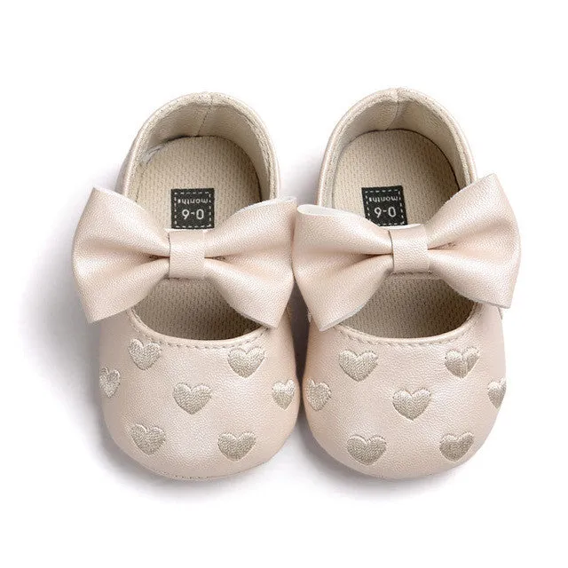 PU Leather Newborn Baby Girls Princess Heart-Shaped Mary Jane Big Bow Prewalkers Soft Bottom Shoes Crib Babe Ballet Dress Shoes