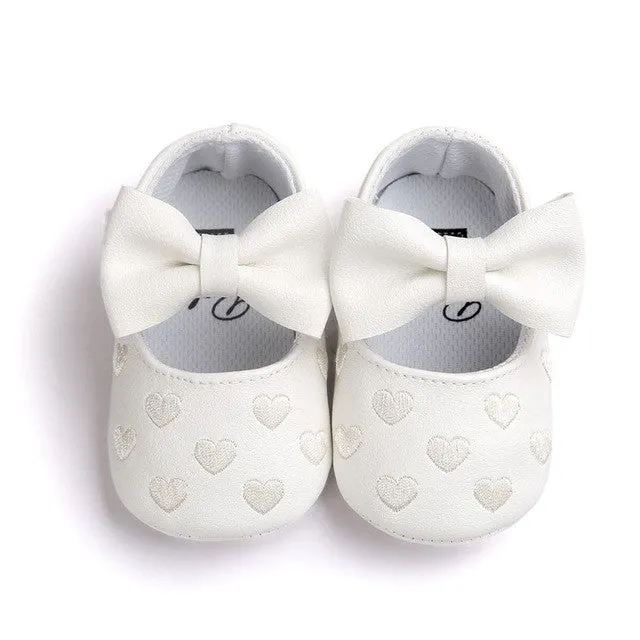 PU Leather Newborn Baby Girls Princess Heart-Shaped Mary Jane Big Bow Prewalkers Soft Bottom Shoes Crib Babe Ballet Dress Shoes