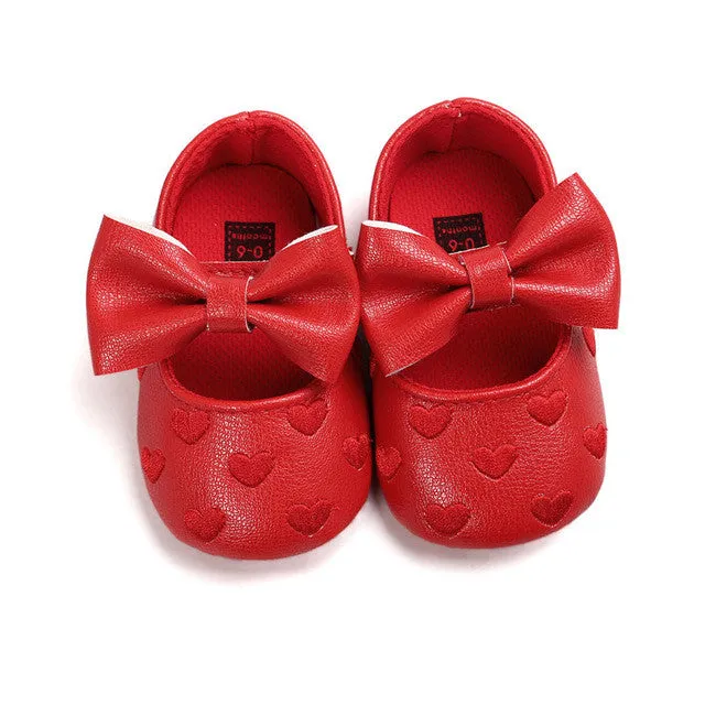 PU Leather Newborn Baby Girls Princess Heart-Shaped Mary Jane Big Bow Prewalkers Soft Bottom Shoes Crib Babe Ballet Dress Shoes