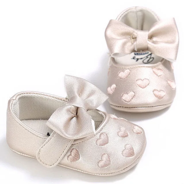 PU Leather Newborn Baby Girls Princess Heart-Shaped Mary Jane Big Bow Prewalkers Soft Bottom Shoes Crib Babe Ballet Dress Shoes