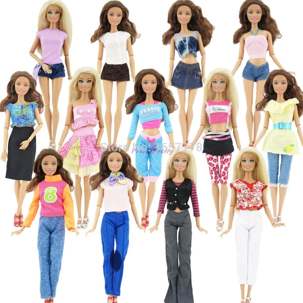 Randomly Pick Lot 20 Pcs   = 10 Shoes  10 Sets  Fashion Outfit Blouse Trousers Dress Shorts Pants Skirt Clothes For Barbie Doll