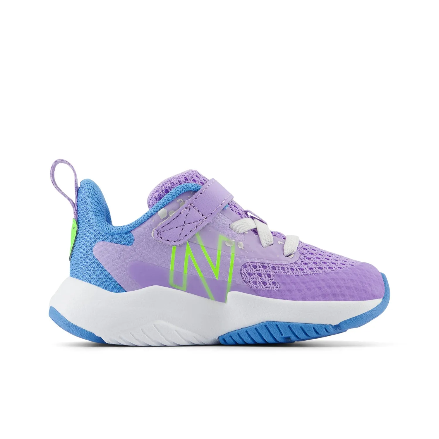 Toddler's New Balance Rave Run v2 Bungee Lace with Top Strap Color: lilac Glo with Sky Blue