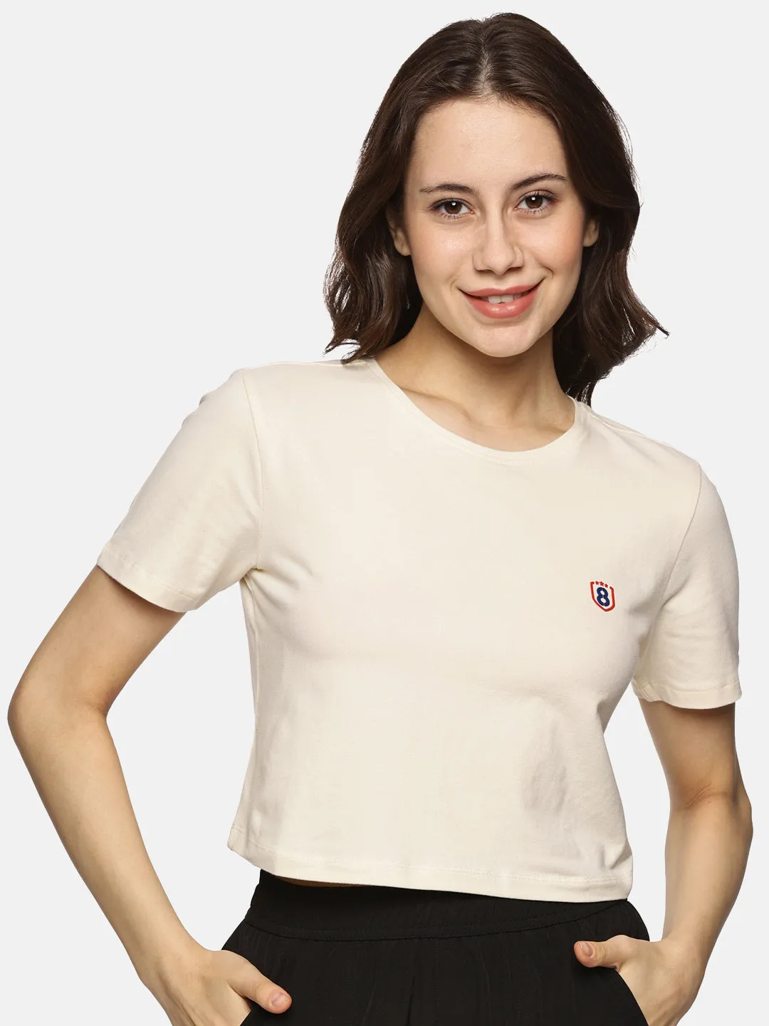 Women Cotton Spandex Short Sleeve Crop Top (Beige)