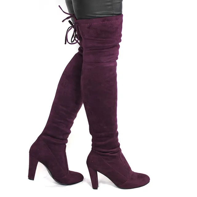 Women Faux Suede Thigh High Boots Fashion Over the Knee Boot Stretch Flock Sexy Overknee High Heels Woman Shoes Black Red Gray